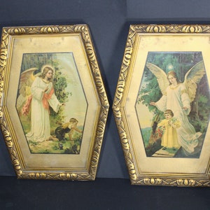 Pair antique 1900s litho religious archangel protection child framed wall panel