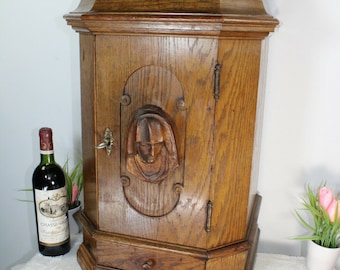 Antique french oak wood carved church altar tabernacle madonna mary drawers