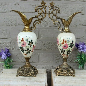 Pair antique french faience ewers vase with bird figurine floral decor