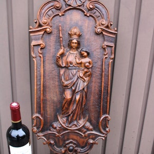 Antique wood carved relief madonna plaque panel religious rare