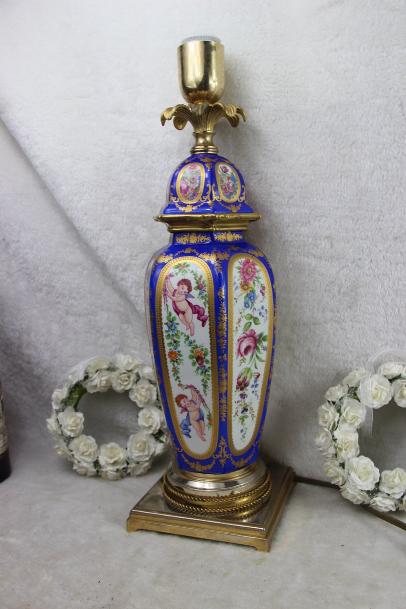 Antique French Sevres Porcelain Fl Putti Table Lamp