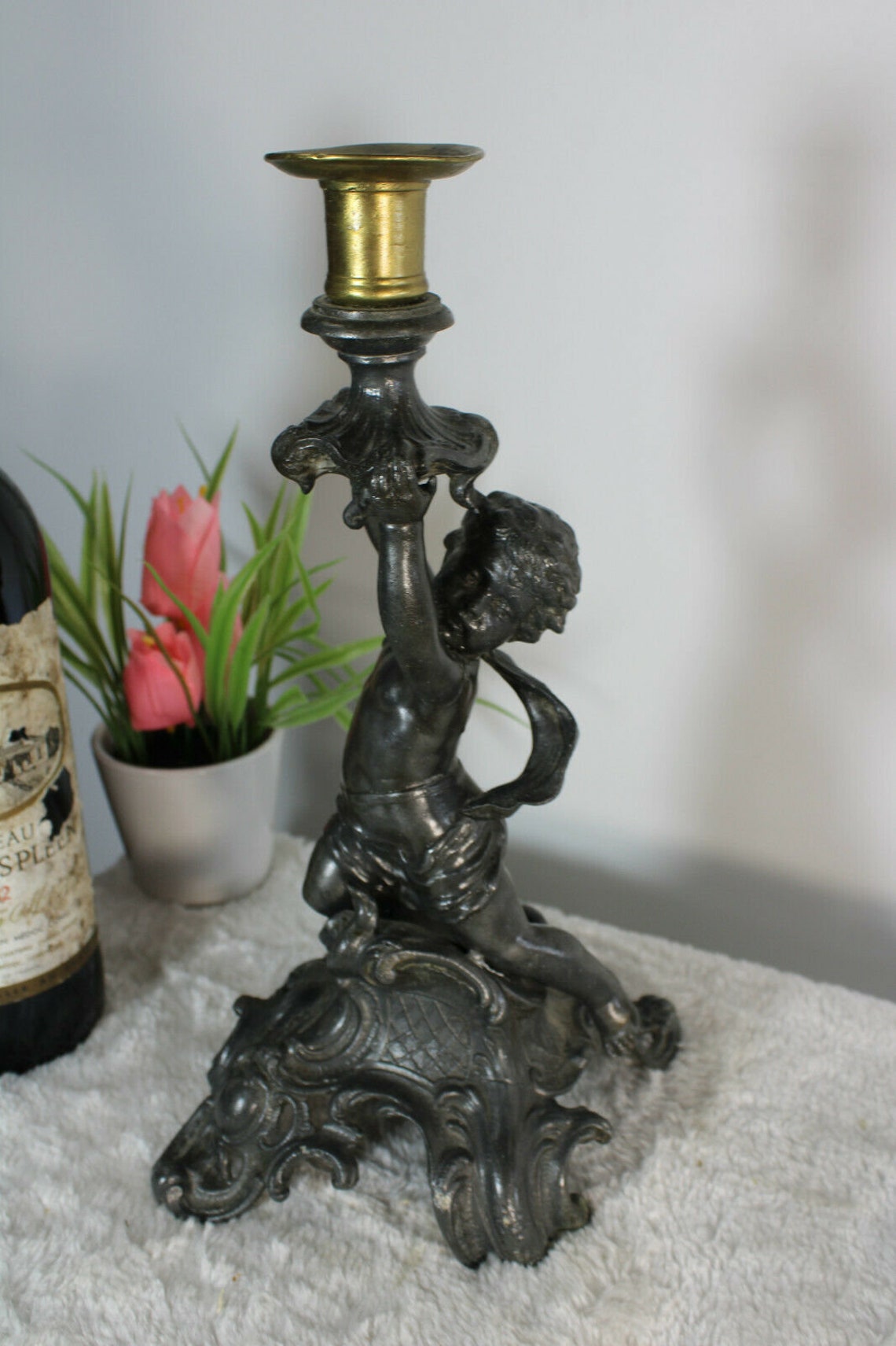 Antique spelter bronze putti cherub candlestick candle holder Etsy