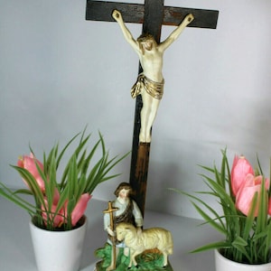 Antique rare vieux andenne porcelain crucifix holy water font john the baptist
