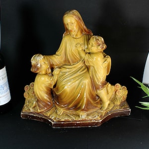 Antique chalkware arnavo signed jesus with kids sculpture statue art deco