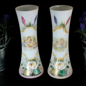 Pair antique glass opaline enamel floral romantic decor vases