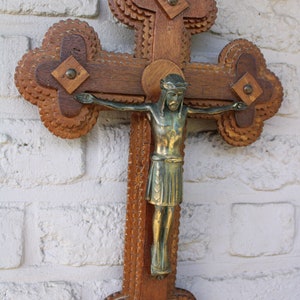 Antique tramp art wood carved wall crucifix