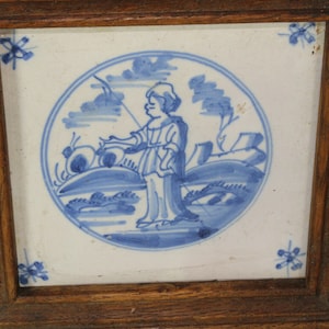 Antique delft blue white pottery tile 19thc framed