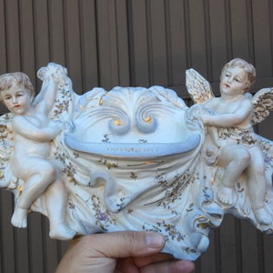 Vintage large porcelain angels holy water font marked