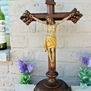 Antigua madera de roble francés tallada policromada cristo crucifijo religioso raro