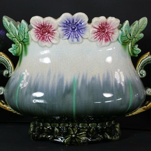Antique art nouveau barbotine majolica planter jardiniere vase