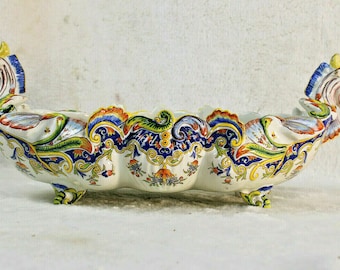 L antique french ceramic desvres marked dragon gothic planter jardiniere vase