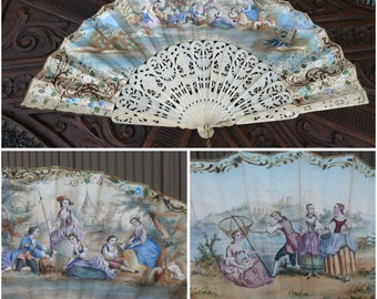 Antique french hand painted paper fan  1800s romantic