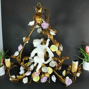 Seltene antike Metall Porzellan Blumen Putti Cherub 3 Arm Kronleuchter Lampe selten