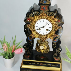 Antique french napoleon iii black lacquered inlaid clock 19thc rare