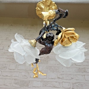 Stunning french bronze brass  putti cherub angel chandelier lamp