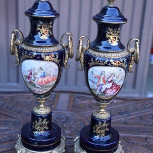 Pair acf sevres marked porcelain vase urns romantic decors 1970s
