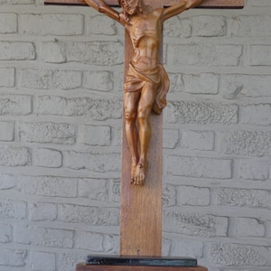 Antique french wood carved standing crucifix christ corpus
