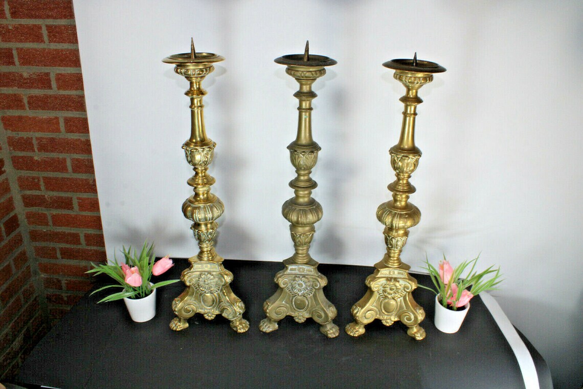 Set 3 Antique Bronze Church Altar Candlesticks Candle Holder Etsy
