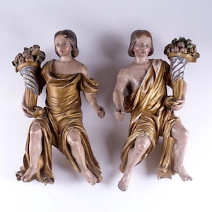 Superior antiguo gran madera tallada policromada putti estatuilla estatua pared 19thc raro