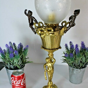 Antique french bronze brass glass putti cherub table lamp rare