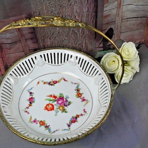Vtg floral french  porcelain center bowl coupe  brass floral deco