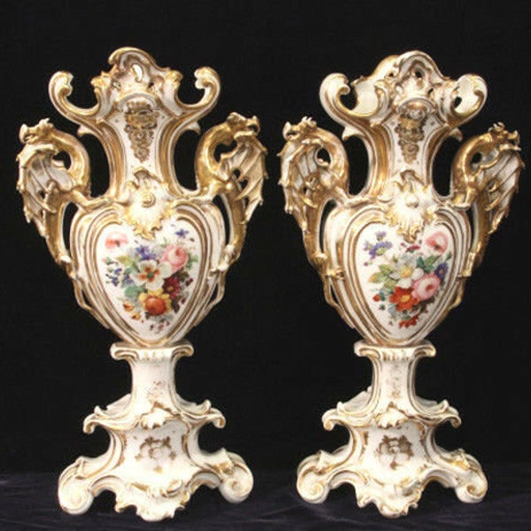 Unusual pair xl vieux paris porcelain dragon handle vases xix attr. jacob petit