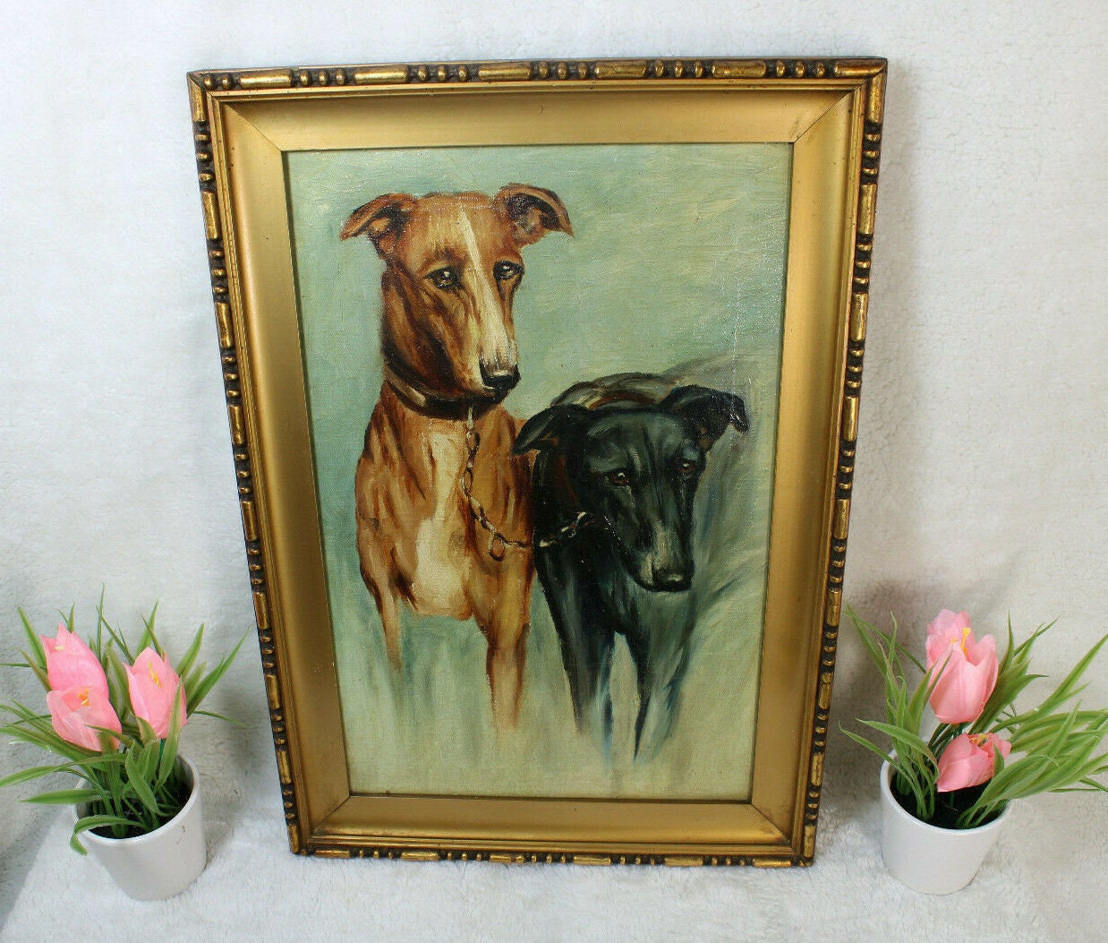 Antike französische Öl Leinwand Malerei 2 Hunde Windhund Etsy