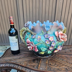 Antik barbotin majolika plantering jardiniere blomdekor art nouveau 1900-tal