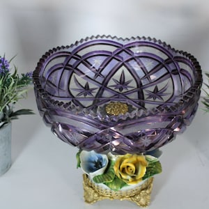 Vintage amethyst crystal glass bowl centerpiece porcelain flowers rare vase