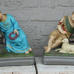 Pair antique chalkware jesus john baptist religious statue matching set