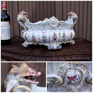 Antique 19thc french majolica planter jardiniere dragons mythological floral