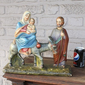Large belgian ceramic chalk signed arnova flight to egypt statue jesus mary
