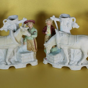 Pair german grafental bisque porcelain statue group horse marked