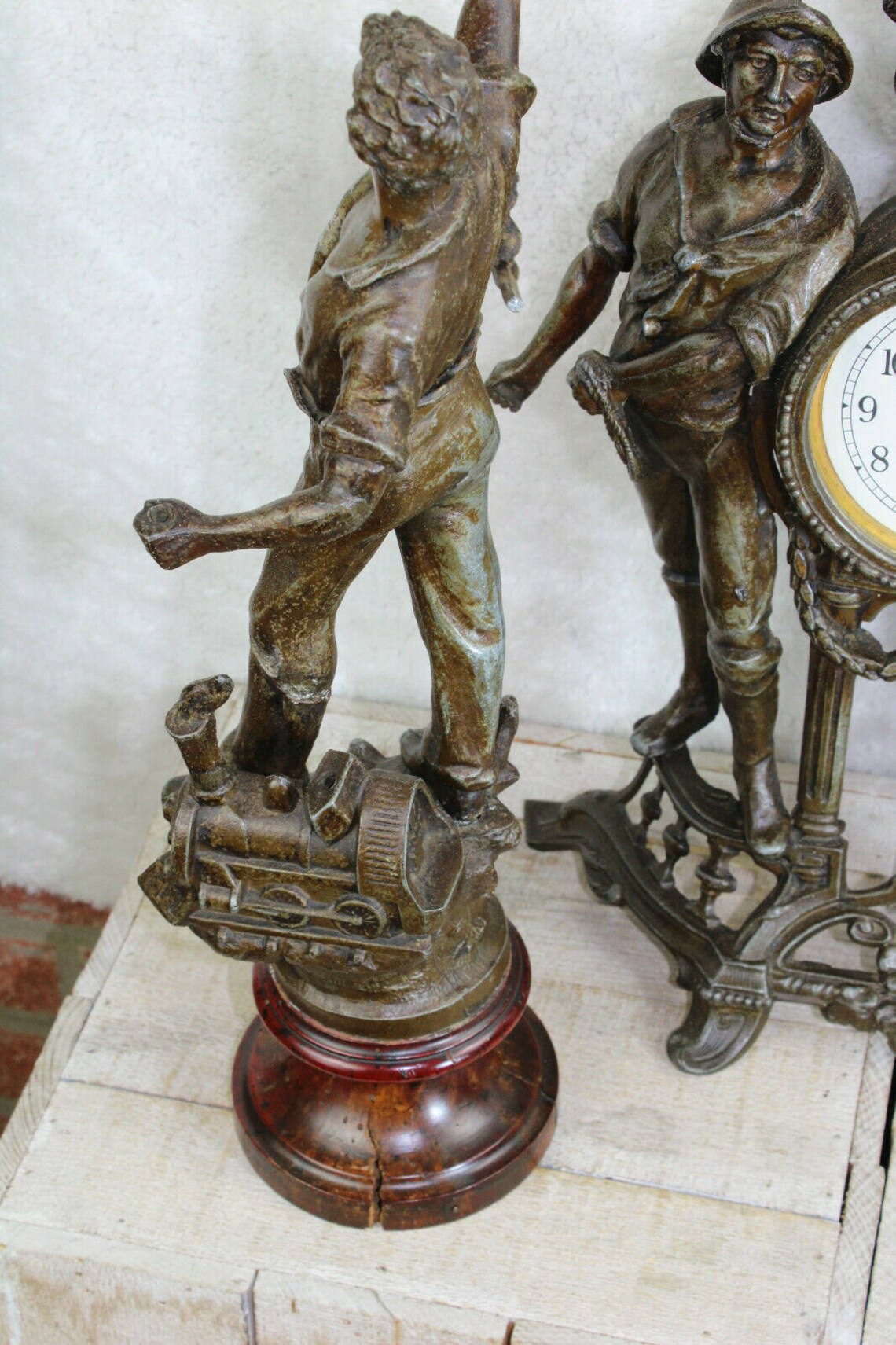 Vintage 1970 French Zinc Spelter Mantel Clock Set Statue Etsy