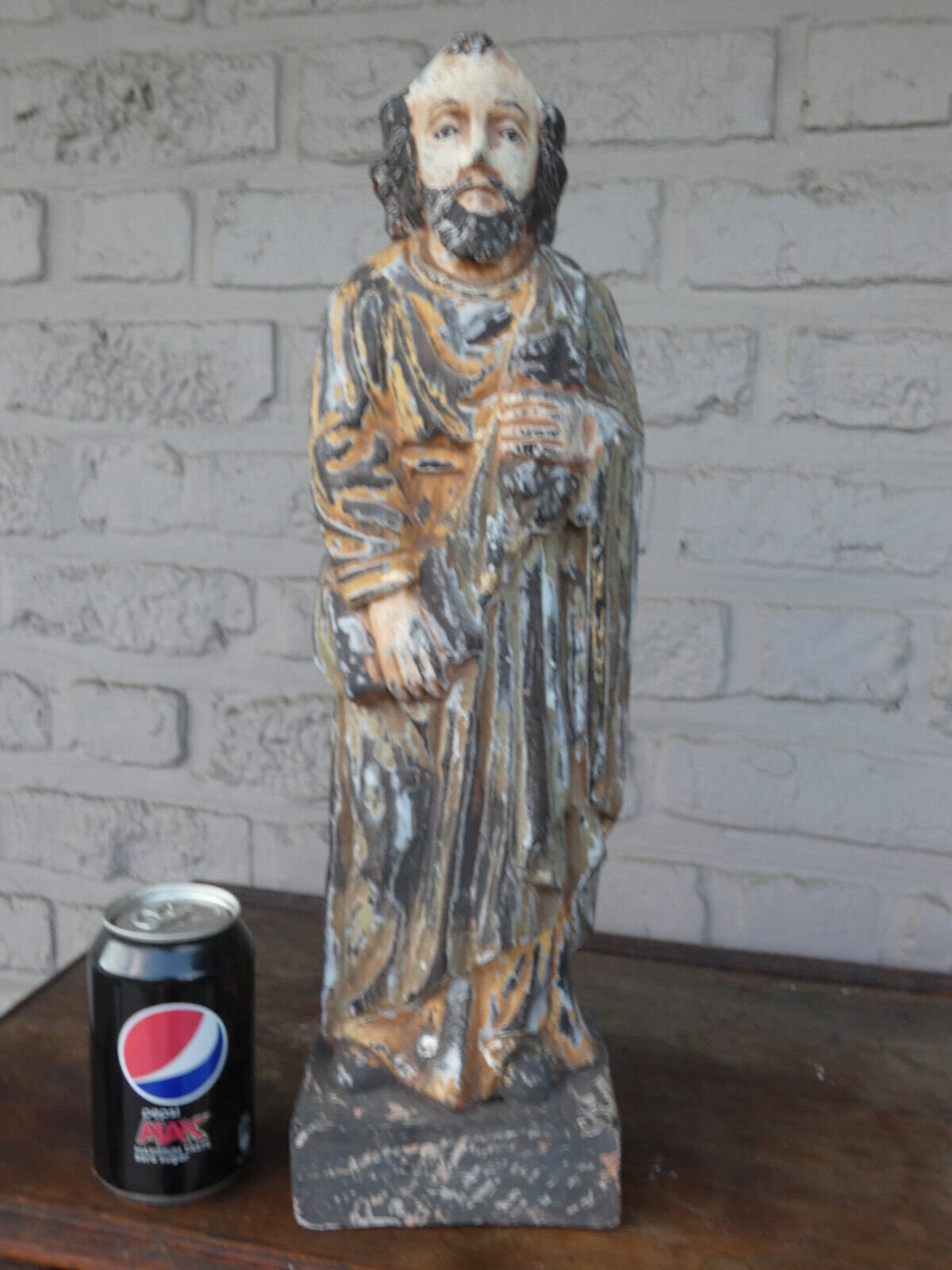 Antique southern europe wood carved polychrome saint peter glass eyes statue
