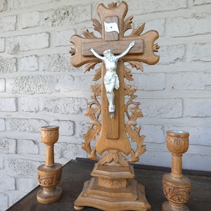 Antique wood  carved crucifix set candlesticks religious