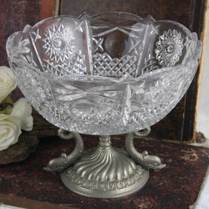 French 60&#39;s crystal cutted glass empire center coupe bowl with dolphins