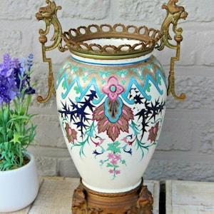 Antique 19thc ceramic pottery  vase enamel decor gothic dragon satyr heads