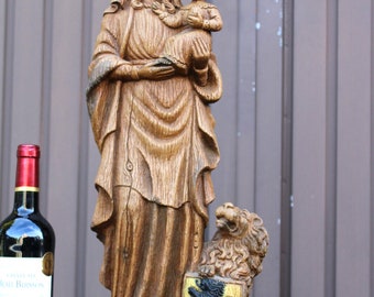 Antique ceramic xl statue our lady of flanders lion signed merlini religious