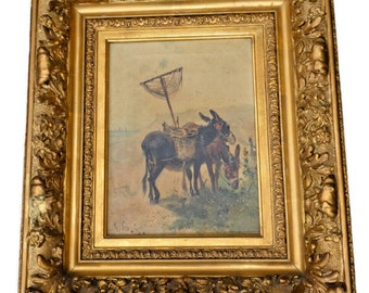 Antique belgian henry schouten oil canvas donkey animal painting rare signed