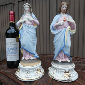 Paar antieke vieux andenne bisque porseleinen heilige Maria Jezus beeldje