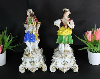 Pair antique french vieux paris porcelain pique fleur figurine statue 19thc