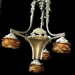 Antique french art deco design chandelier amber glass shade lamp