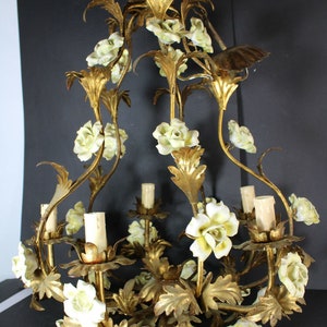 Vintage italian metal golt gilt yellow porcelain roses chandelier lamp
