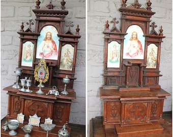 Antique religious home altar wood carved toys rare monstrance chalice 1900s
