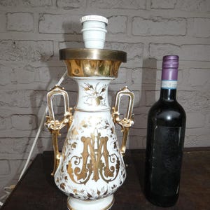 Antique french paris porcelain religious maria monogram table lamp crucifix back