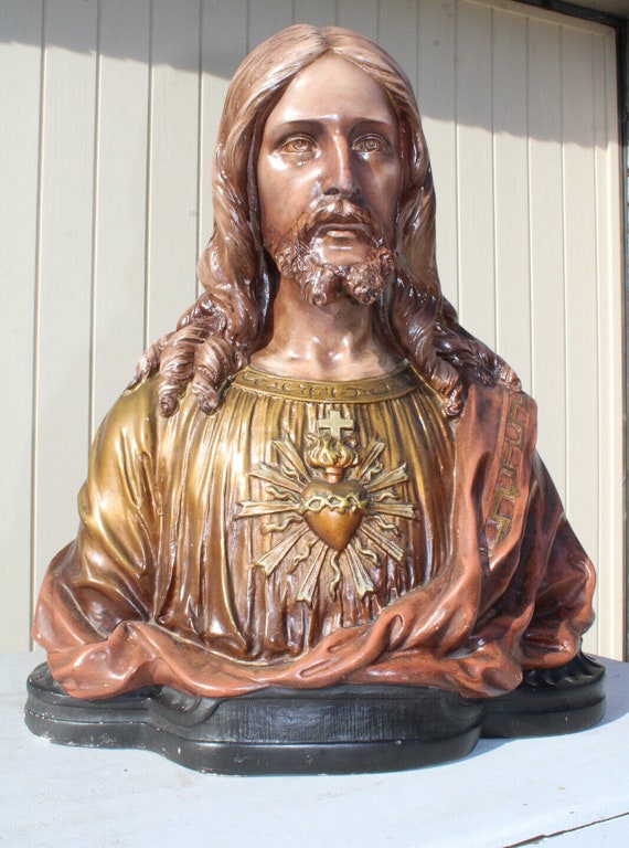 Antique Large Ceramic Chalk Bust Sacred Heart Jesus Statue Etsy