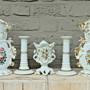 Antique vieux paris porcelain  hand paint floral porcelain vases mantel set