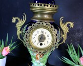 Antique french cobalt blue faience victorian scene dragon handles mantel clock