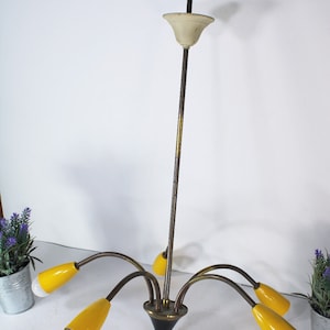 Mid century stilnovo design spider 5 arm chandelier yellow 1960